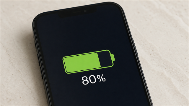 A smartphone connected to a charger beside an 80 percent battery indicator